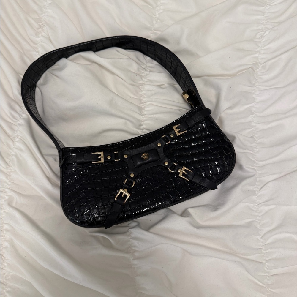 Manc Black Crocodile-Embossed Shoulder Bag